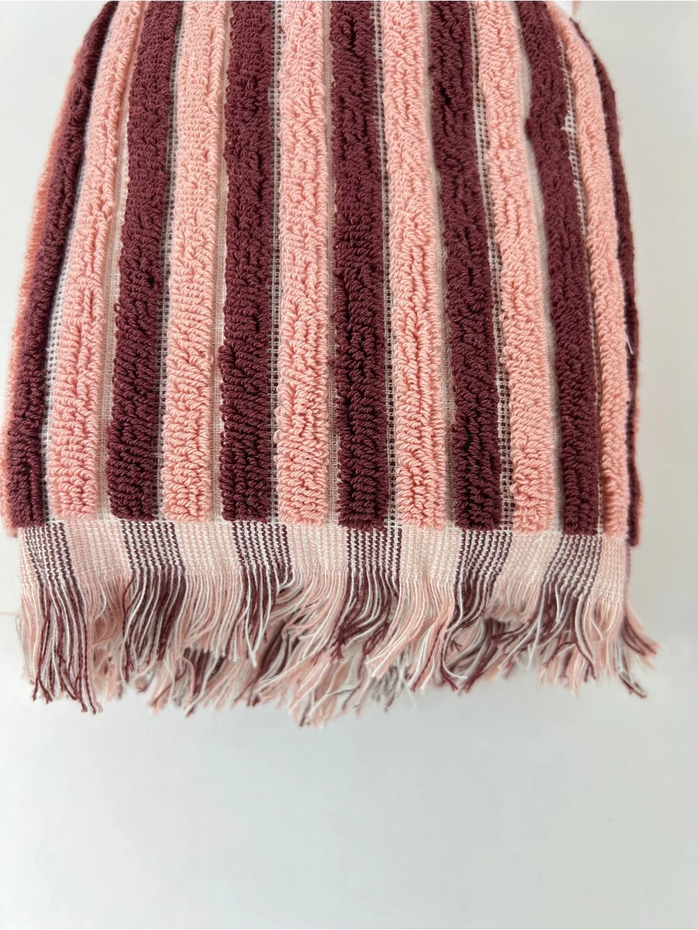Rachel Zoe Pink & Burgundy Striped Cotton Hand Towels with Fringe 2 Pc Set NEW